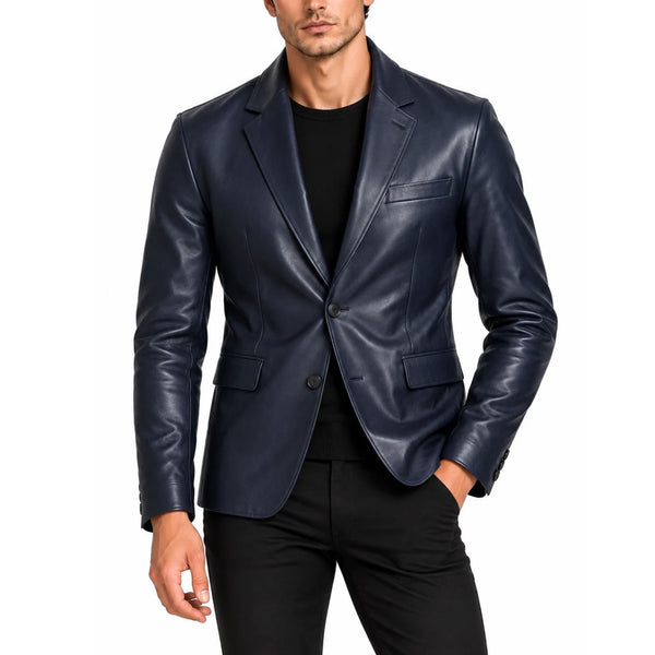 Midnight Men’s Navy Blue Genuine Leather Blazer