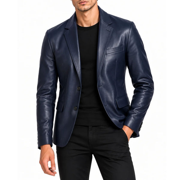 Midnight Men’s Navy Blue Genuine Leather Blazer