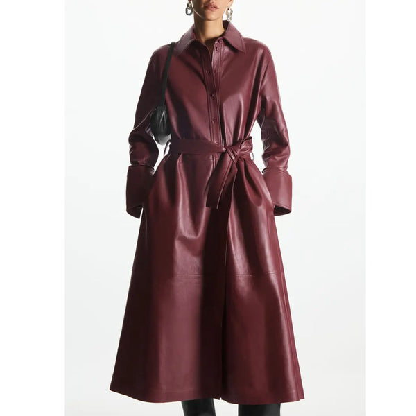 Dark Red Women Midi Leather Shirt Dress For Mothers Day -  HOTLEATHERWORLD