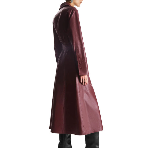 Dark Red Women Midi Leather Shirt Dress For Mothers Day -  HOTLEATHERWORLD