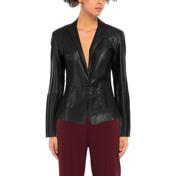 Lapel Collar Single Breasted Women Genuine Leather Blazer