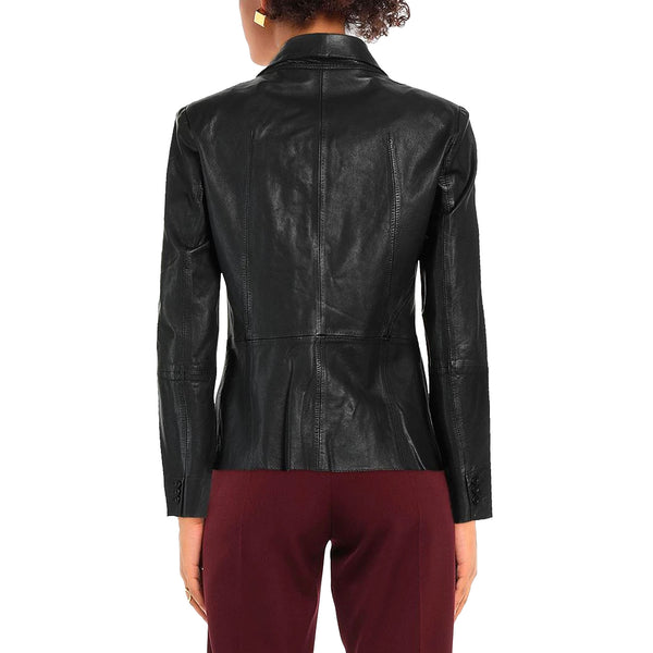 Lapel Collar Single Breasted Women Genuine Leather Blazer