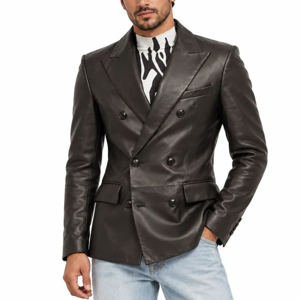Premium Black Double Breasted Men Leather Blazer