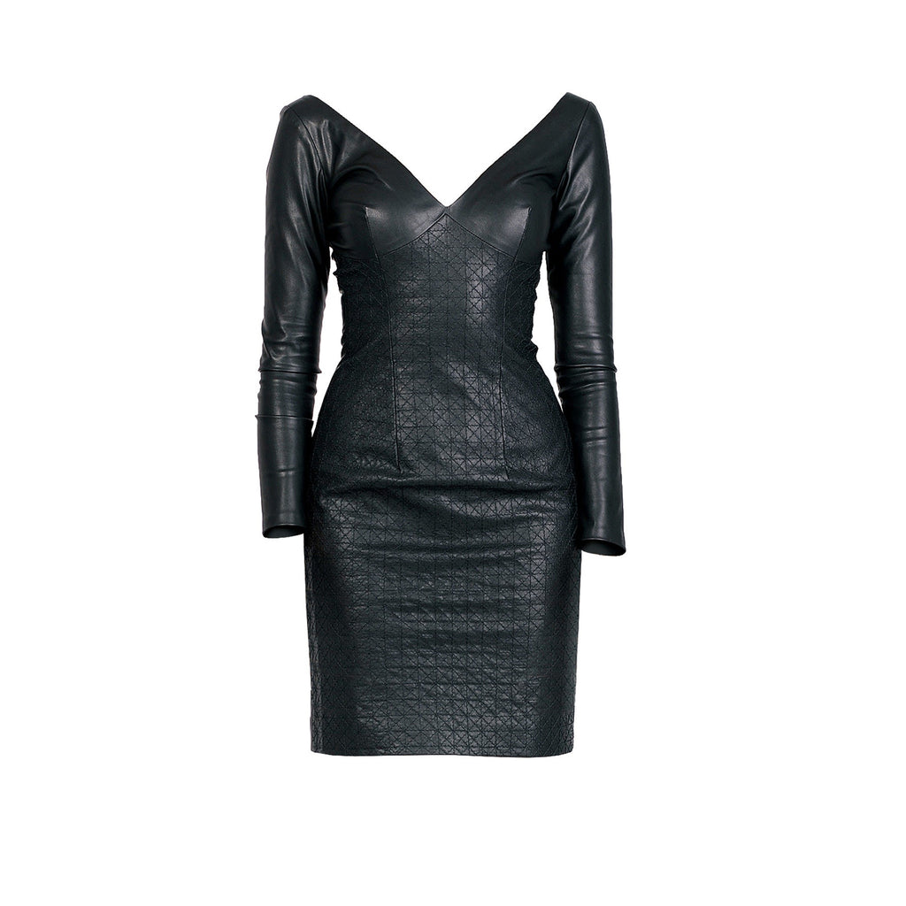 Black Long Sleeves Stitch Detailing Women Genuine Leather Dress Burgundy / L Black Long Sleeves Stitch Detailing Women Genuine Leather Dress Burgundy / L