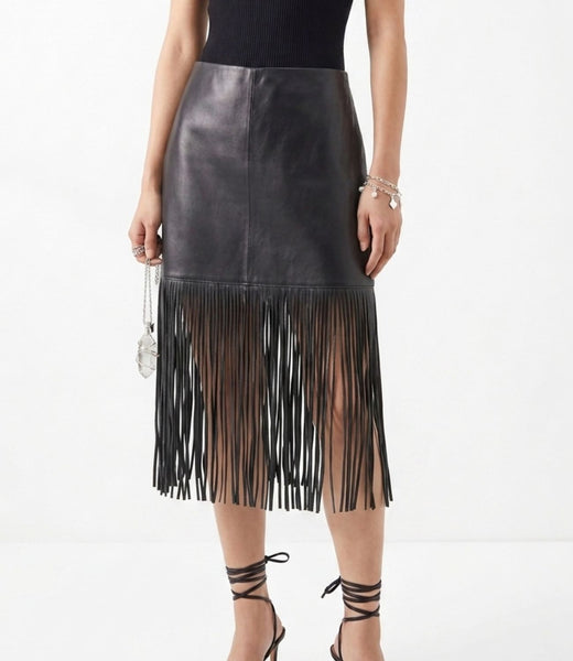 Leather Fringe Midi Skirt For Women