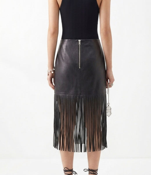 Leather Fringe Midi Skirt For Women