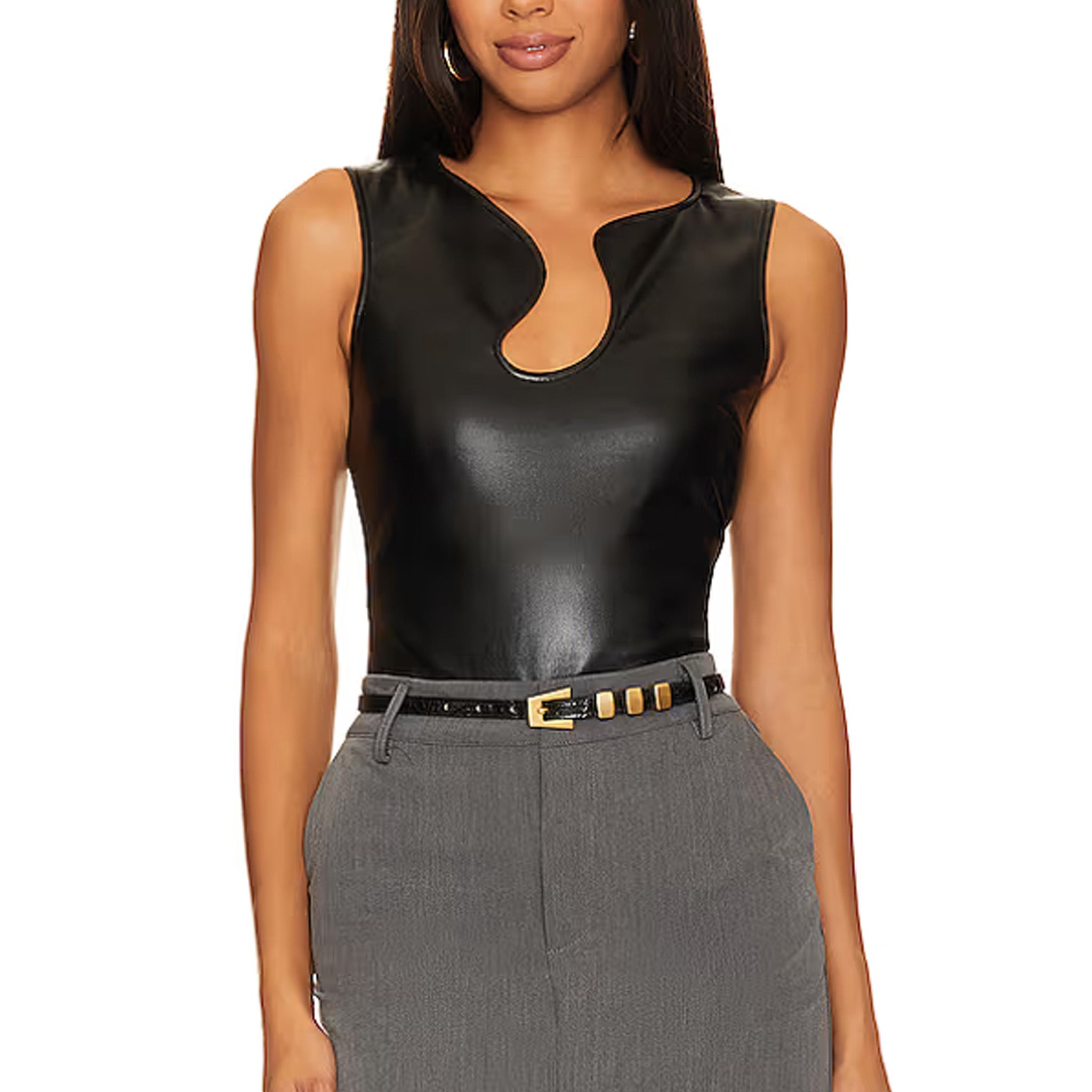 Puzzle Neck Faux Leather Sleeveless Tank Top For Women