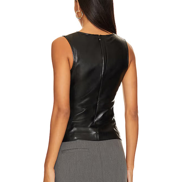 Puzzle Neck Faux Leather Sleeveless Tank Top For Women