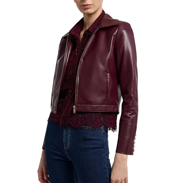 Long Sleeves Women Classic Burgundy Leather Jacket