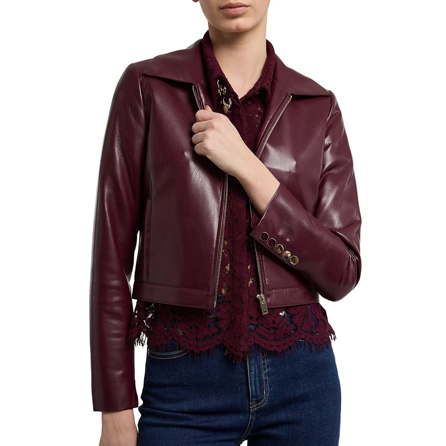 Long Sleeves Women Classic Burgundy Leather Jacket