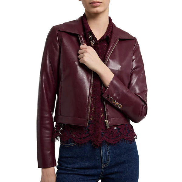 Long Sleeves Women Classic Burgundy Leather Jacket