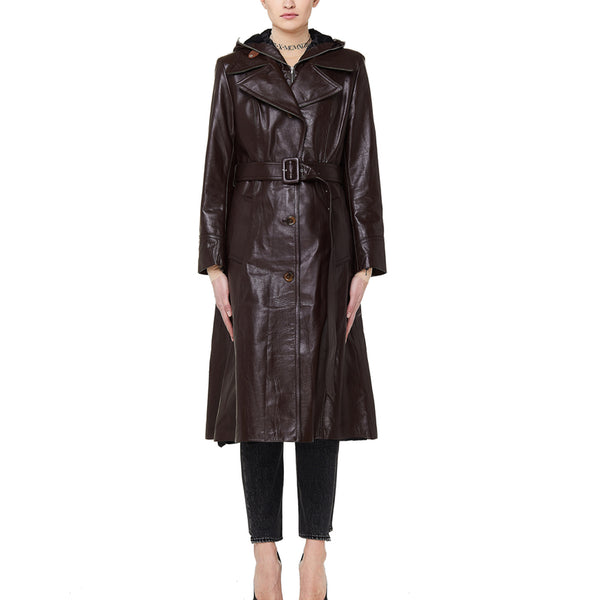 Mask Hooded Genuine Leather Trench Coat For Women