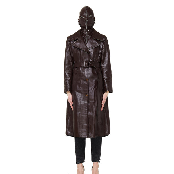 Mask Hooded Genuine Leather Trench Coat For Women