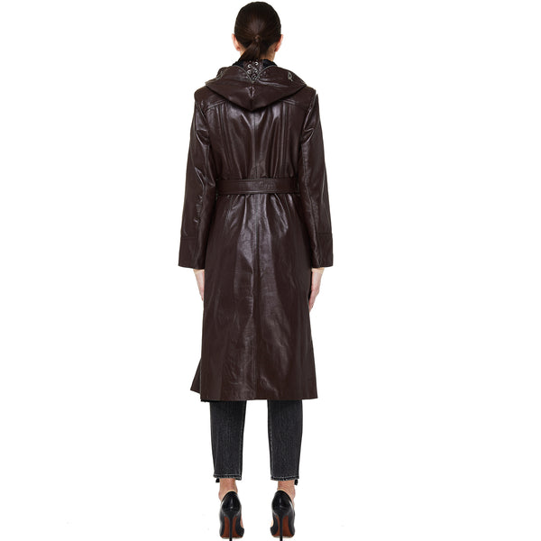 Mask Hooded Genuine Leather Trench Coat For Women