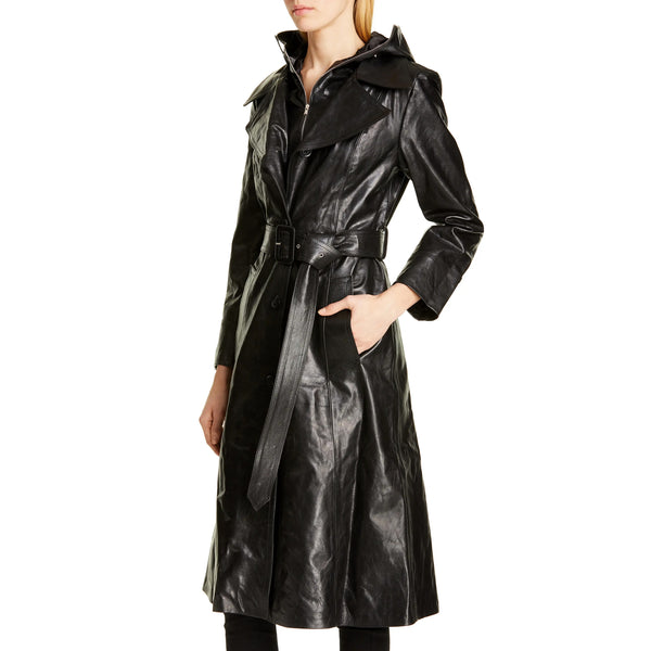 Mask Hooded Genuine Leather Trench Coat For Women