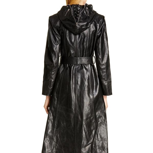 Mask Hooded Genuine Leather Trench Coat For Women