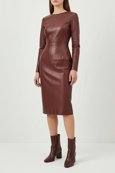Midi Daytime Mahogony Leather Dress
