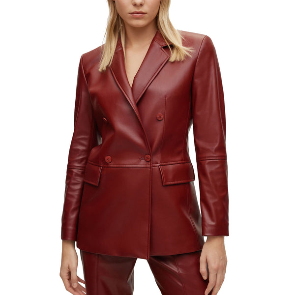 Notch Collar Christmas Women Genuine Leather Blazer