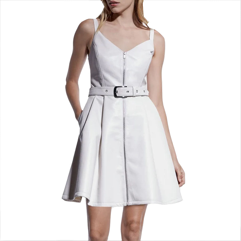 Off White Belted Women Mini Flared Leather Dress| HotLeatherWorld Custom / Tan Brown