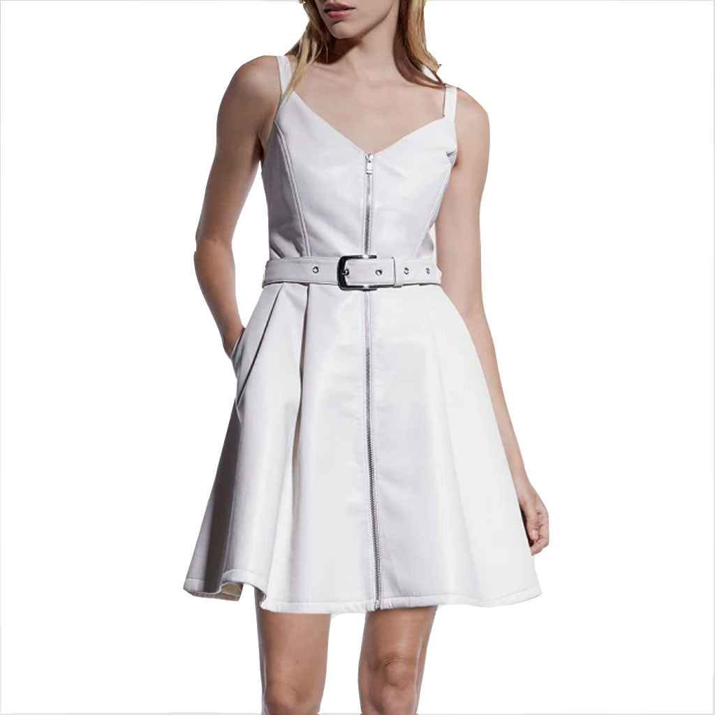Off White Belted Women Mini Flared Leather Dress -  HOTLEATHERWORLD