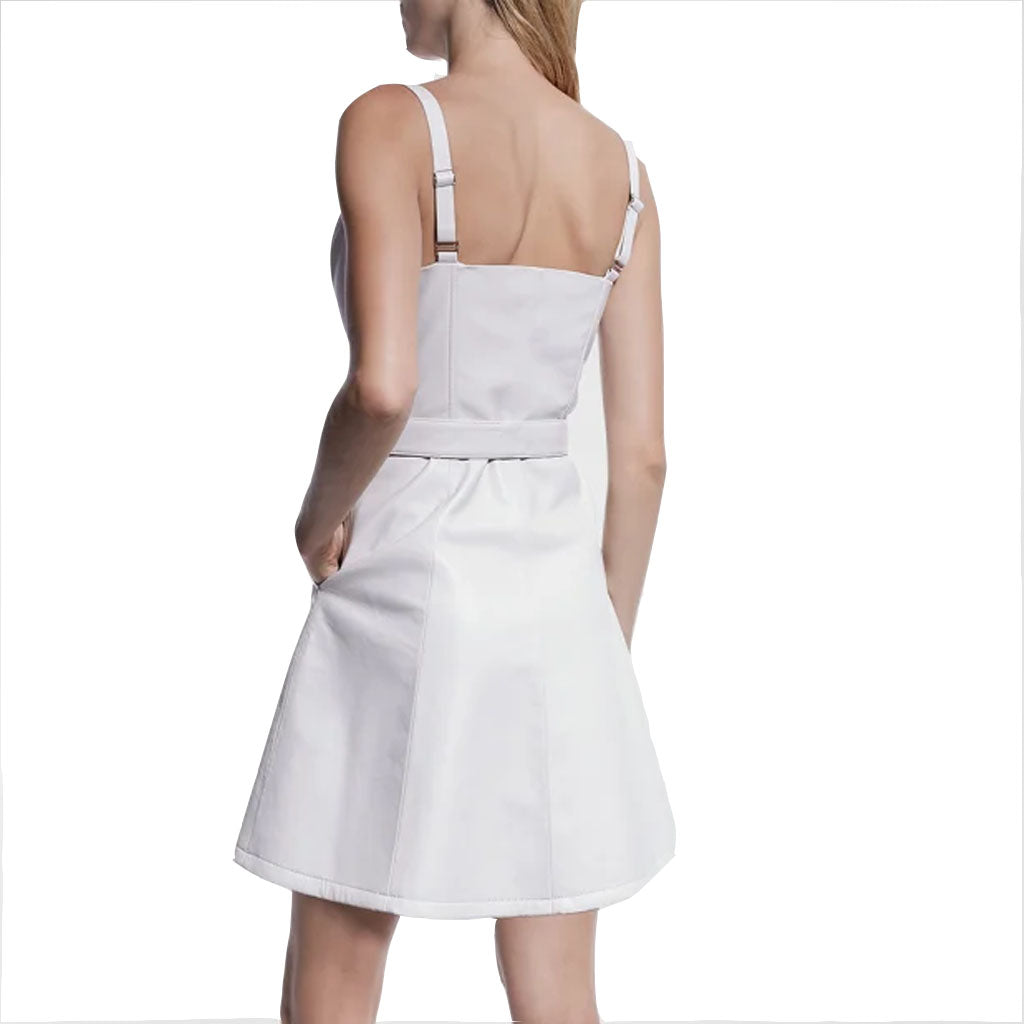 Off White Belted Women Mini Flared Leather Dress| HotLeatherWorld Custom / Tan Brown