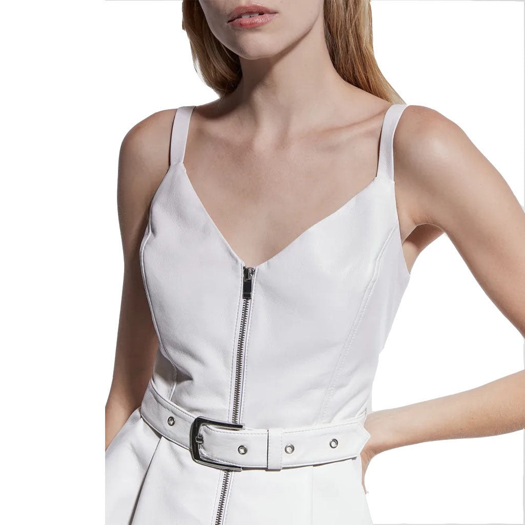 Off White Belted Women Mini Flared Leather Dress| HotLeatherWorld Custom / Tan Brown