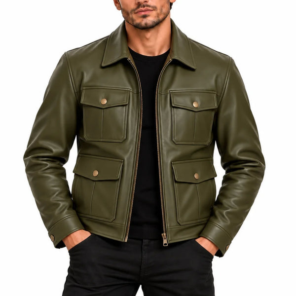 Men’s Deep Olive Genuine Leather Field Jacket