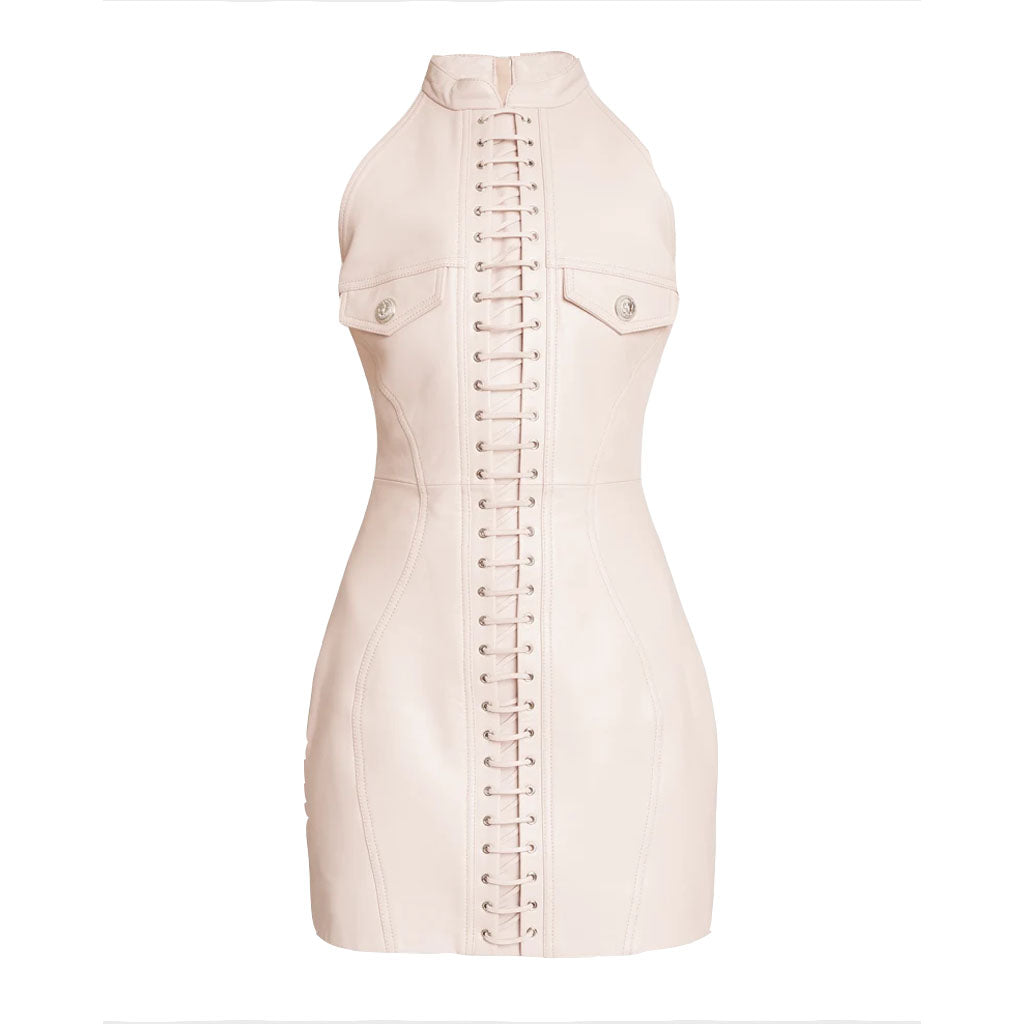 Powder Pink Lace Up Front Women Mini Summer Leather Dress L / Black