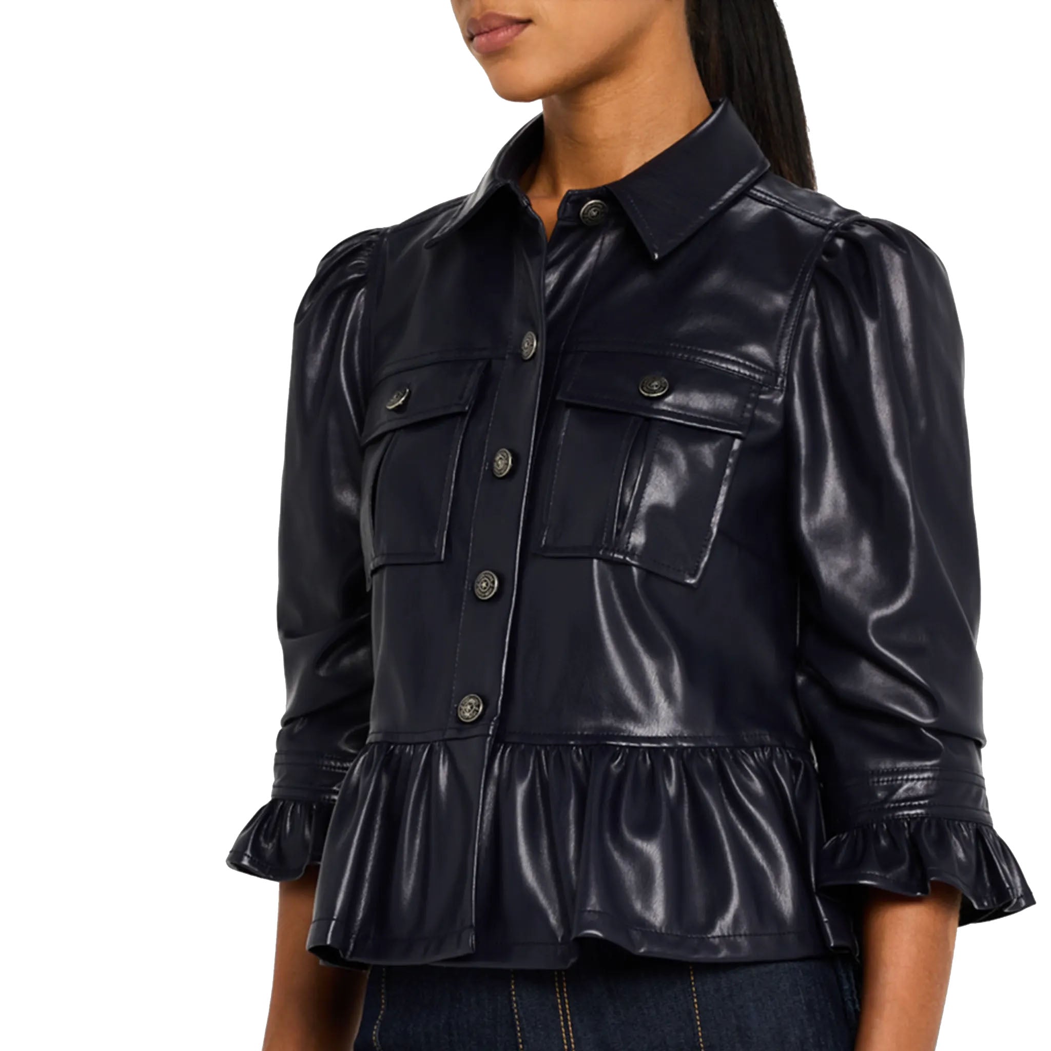 Point Collar Ruffle Trim Vegan Leather Jacket For Women | HOTLEATHERWORLD