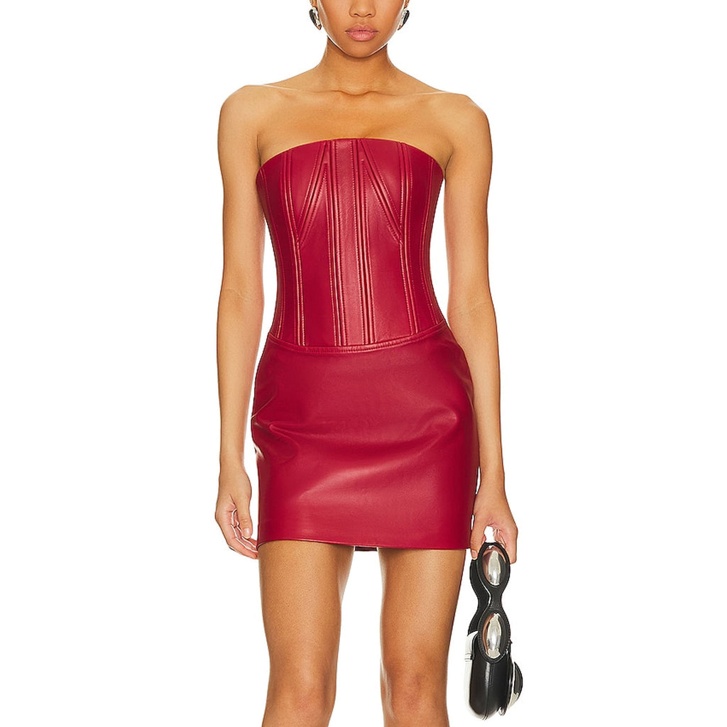 red leather mini dress MakeMeChic Women's Strapless Ruched Bandeau Bodycon Party Dresses Burgundy Medium : Clothing, Shoes & Jewelry its crafted from high Dark Red Backless Faux Leather