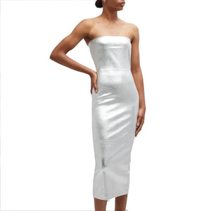 Silver Metallic Women Bodycon Midi Leather Cocktail Dress XS