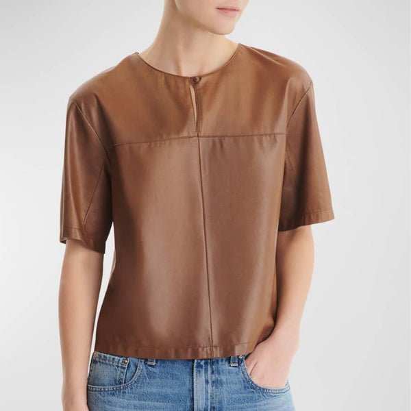 Short-Sleeve Round Neckline Women Leather Top