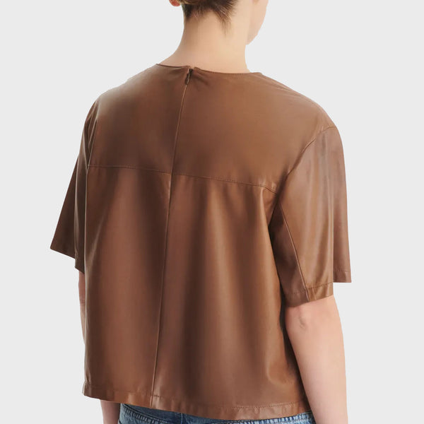 Short-Sleeve Round Neckline Women Leather Top