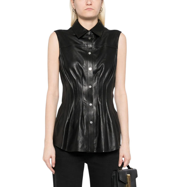 Sleeveless Buttoned Dart Styled Women Leather Shirt