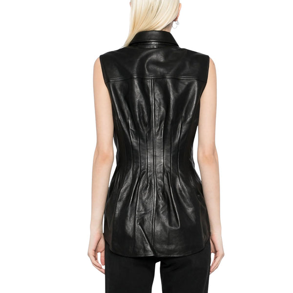 Sleeveless Buttoned Dart Styled Women Leather Shirt
