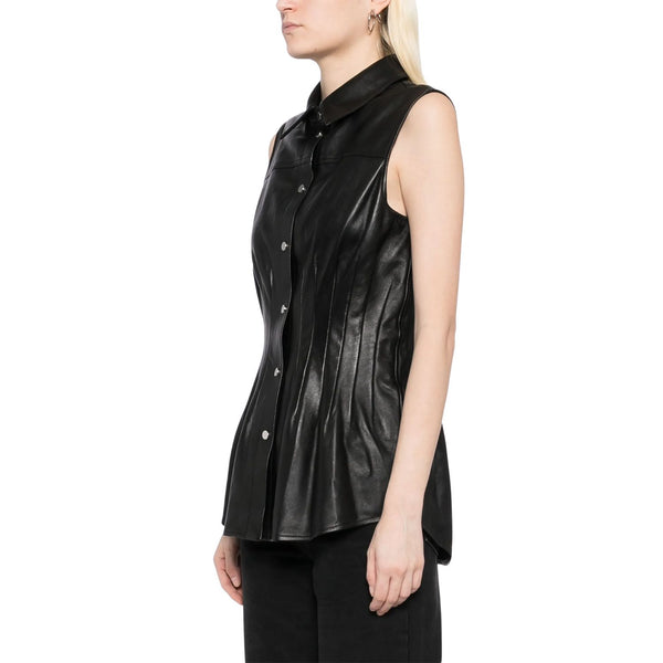 Sleeveless Buttoned Dart Styled Women Leather Shirt