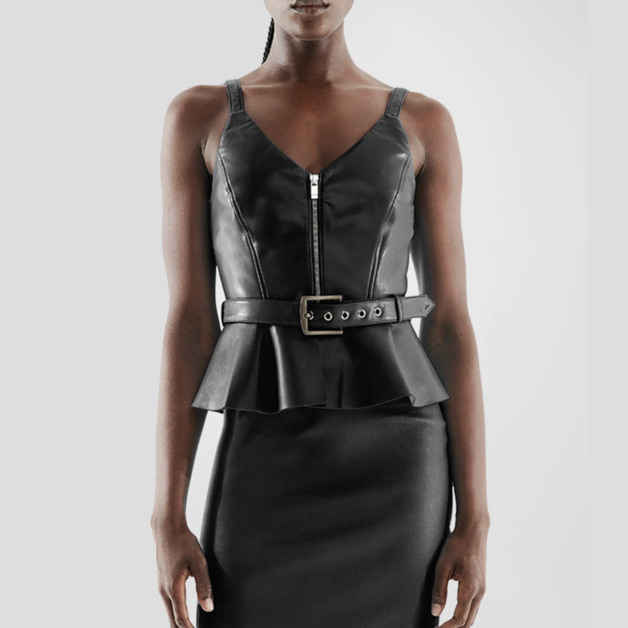 Sleeveless Women Zipper Front Leather Peplum Top XXL / Brown