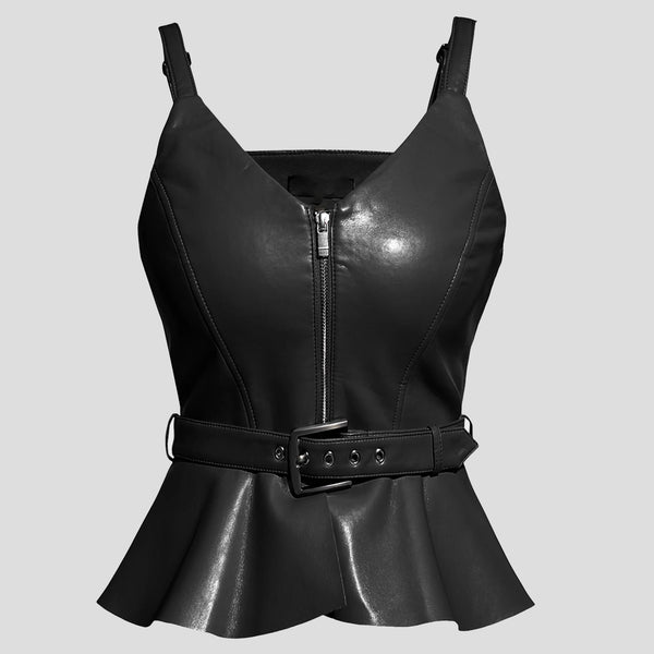 Sleeveless Women Zipper Front Leather Peplum Top