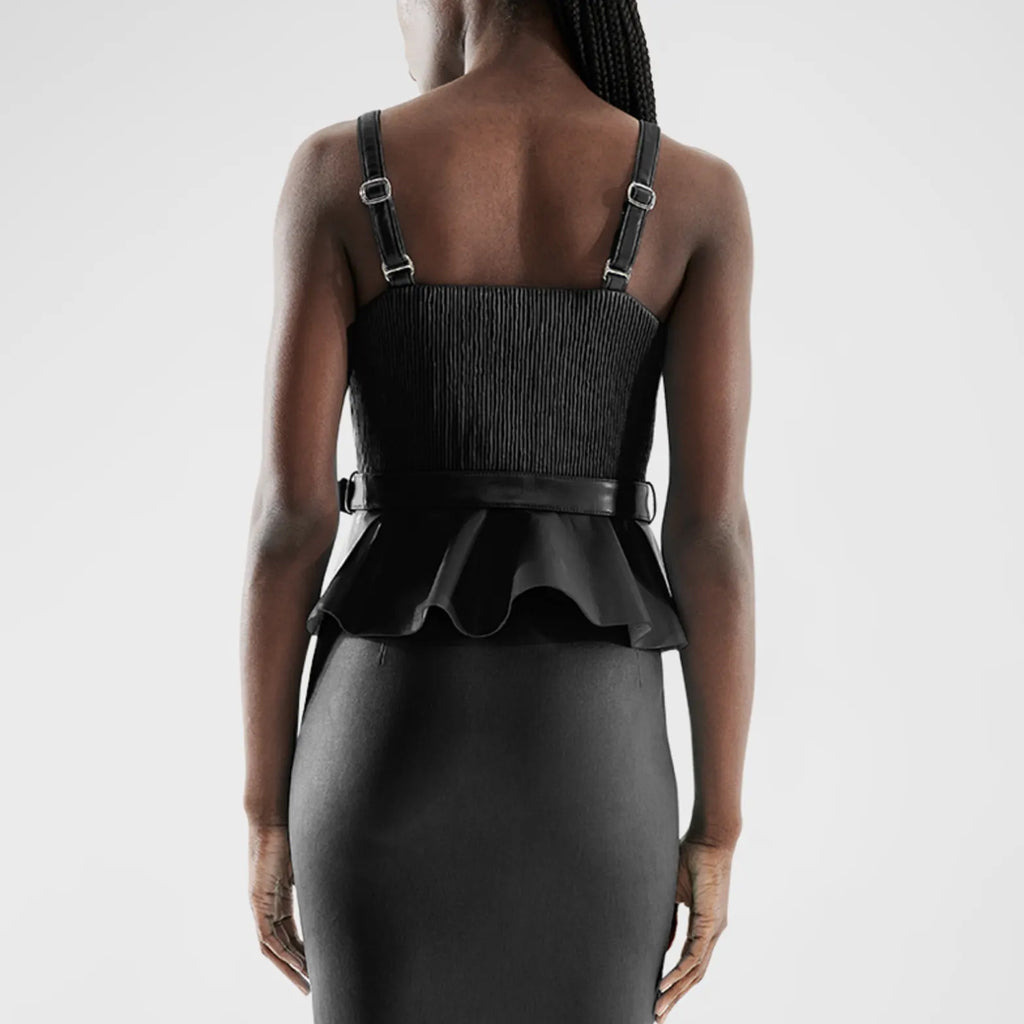 Sleeveless Women Zipper Front Leather Peplum Top XL / Chocolate Brown Sleeveless Women Zipper Front Leather Peplum Top XL / Chocolate Brown