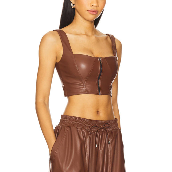 Sleeveless Zipper Front Cropped Leather Women Bustier