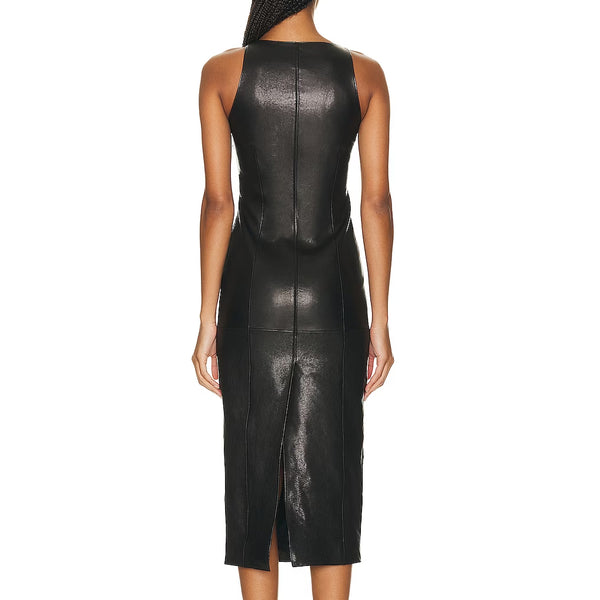 Sleeveless Black Bodycon Long Leather Dress