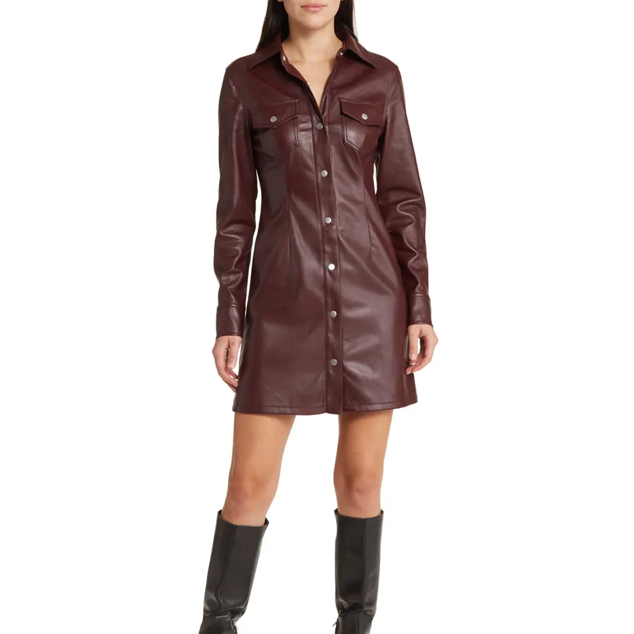 knee length dresses for ladies Snapbutton Long Sleeves Women Leather Dress 2XL / White