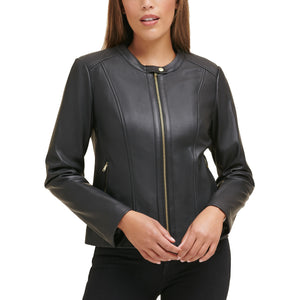 Snap Collar Black Genuine Leather Paneled Leather Jacket