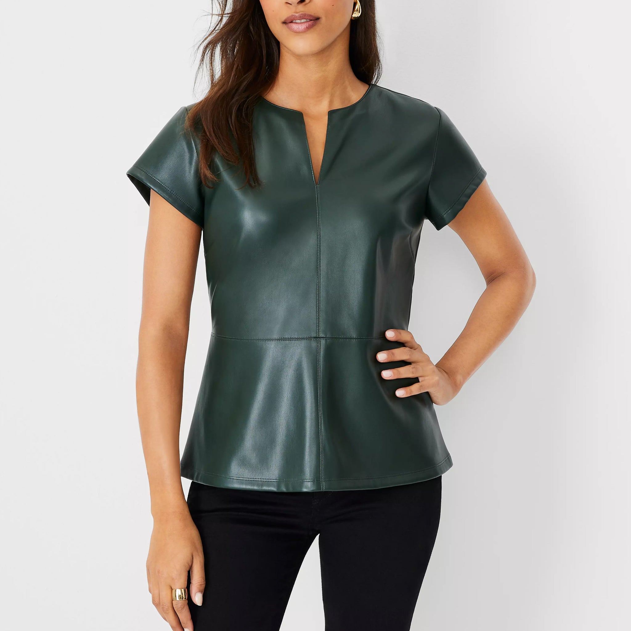 Split Neck Green Genuine Leather Peplum Top | HOTLEATHERWORLD
