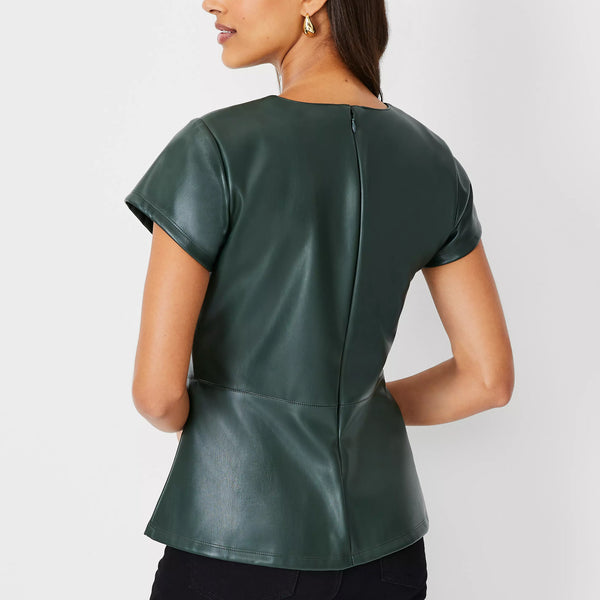 Split Neck Green Genuine Leather Peplum Top