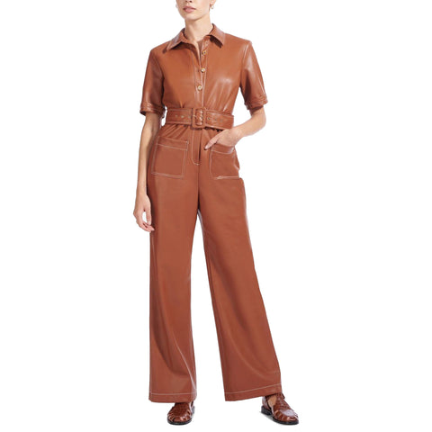 Stitch Detailed Women Short Sleeves Women Leather Jumpsuit