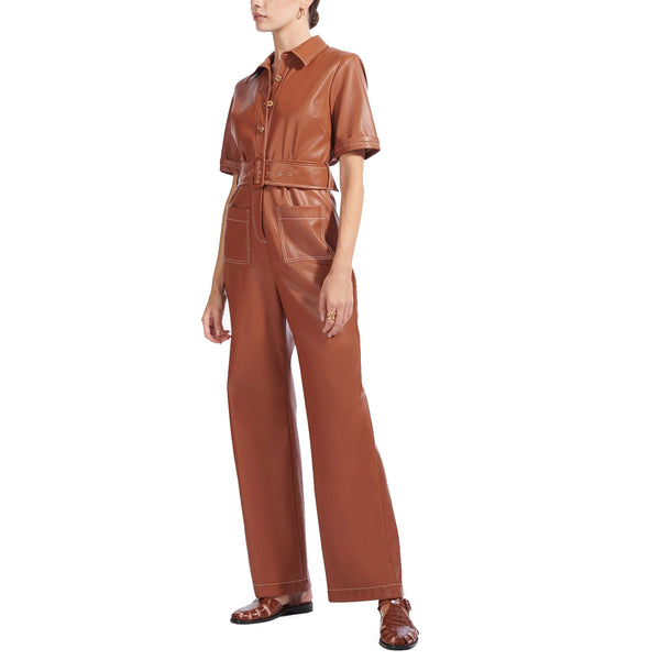 Stitch Detailed Women Short Sleeves Women Leather Jumpsuit