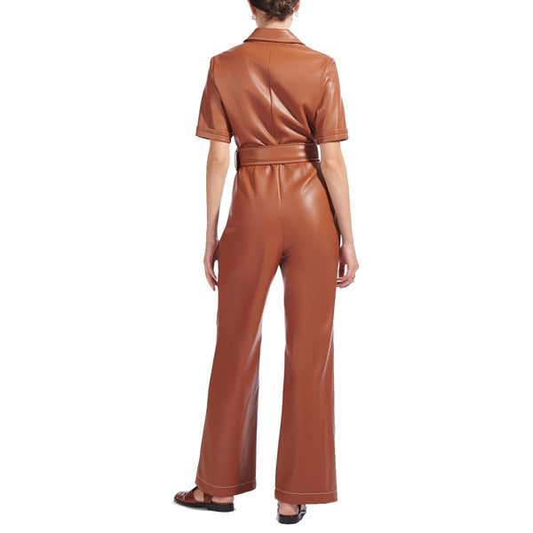 Stitch Detailed Women Short Sleeves Women Leather Jumpsuit