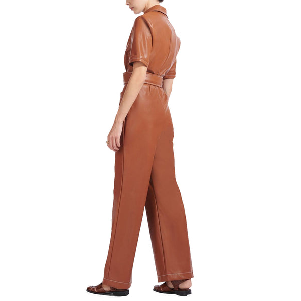 Stitch Detailed Women Short Sleeves Women Leather Jumpsuit