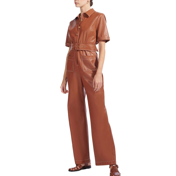 Stitch Detailed Women Short Sleeves Women Leather Jumpsuit